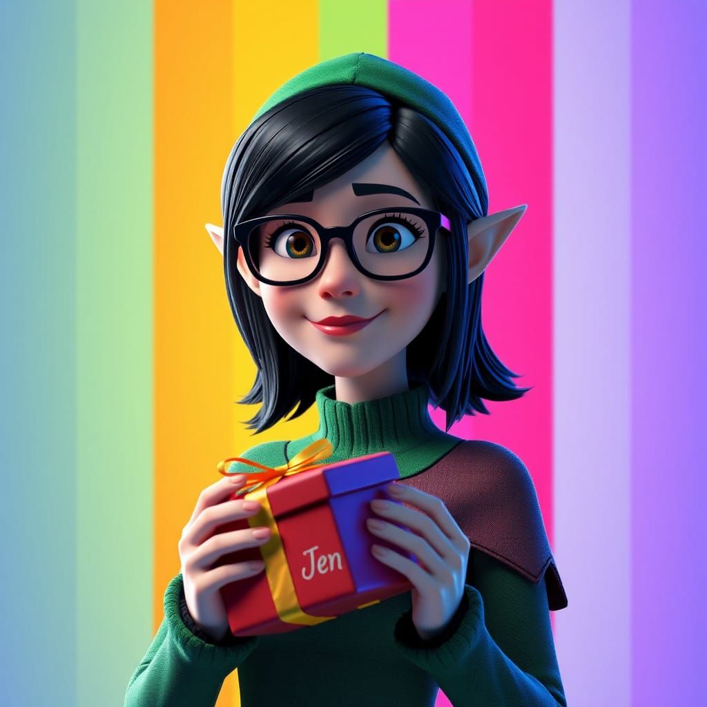 Elf Woman Holding Gift, Pixar Style 3D Render