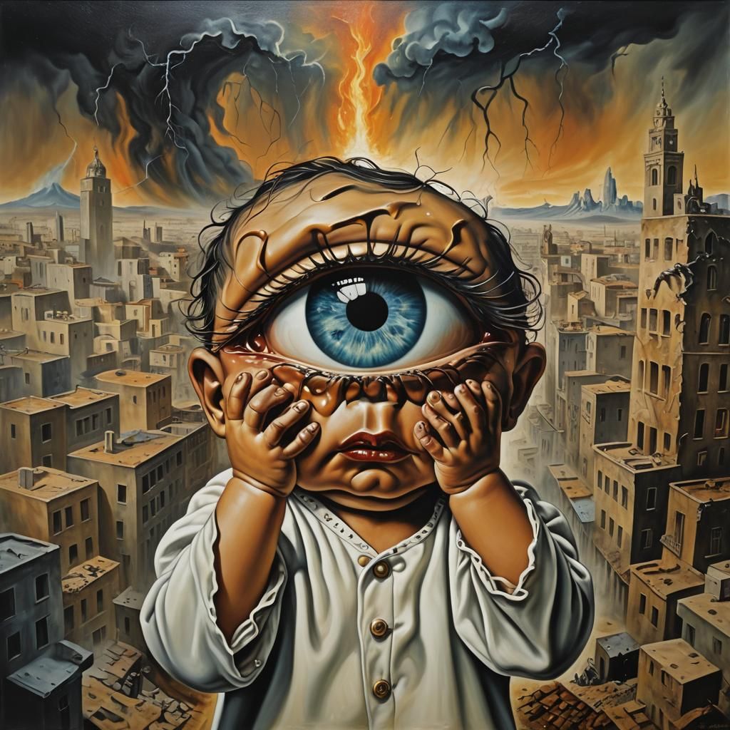 Surreal Newborn Emerges in Fiery Storm, Dali Style