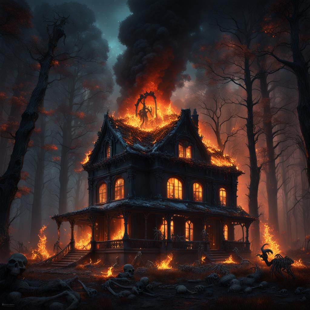 Burning House with Skeletons in Dark Forest