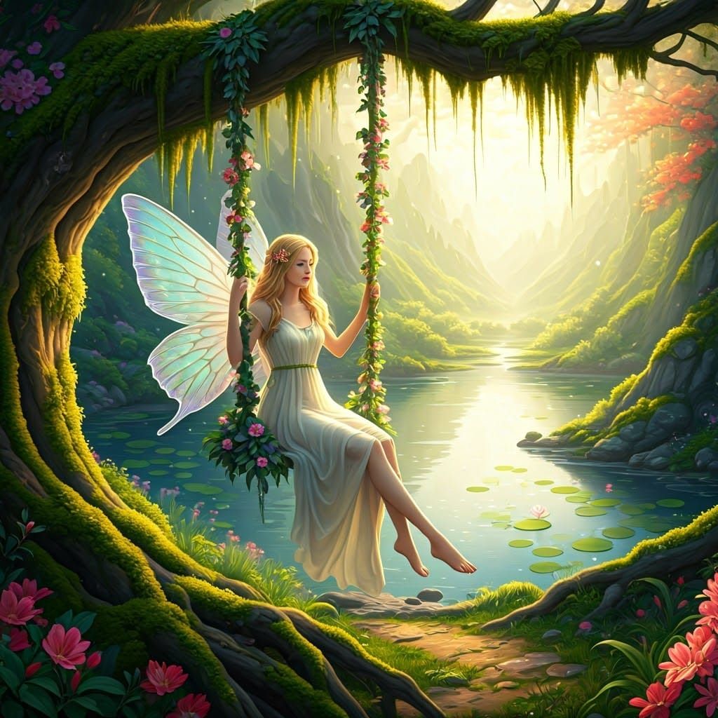Enchanted Fairy on Floral Swing in Mystic Valley