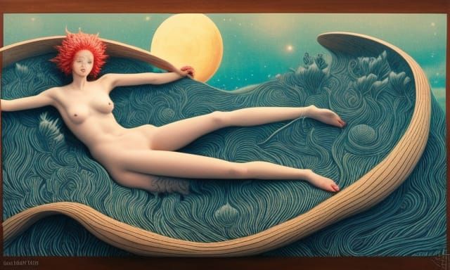 Surreal Woman in Sun and Moon Bed