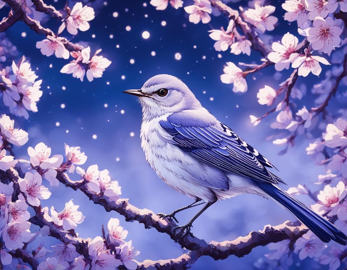 Nightingale and Sakura in Moonlight: Ukiyo-e Style