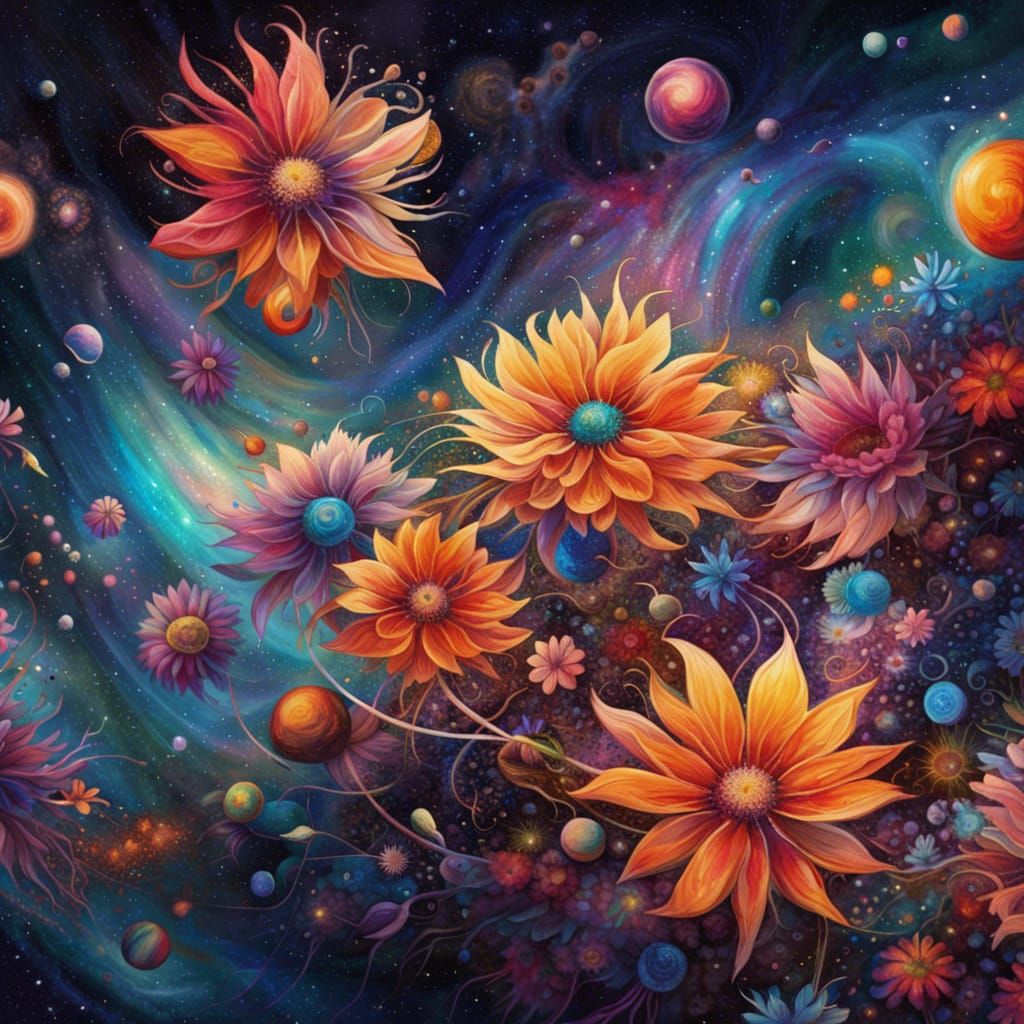 Cosmic Flowers Floating Through Space: A Galactic Acrylic Pa...
