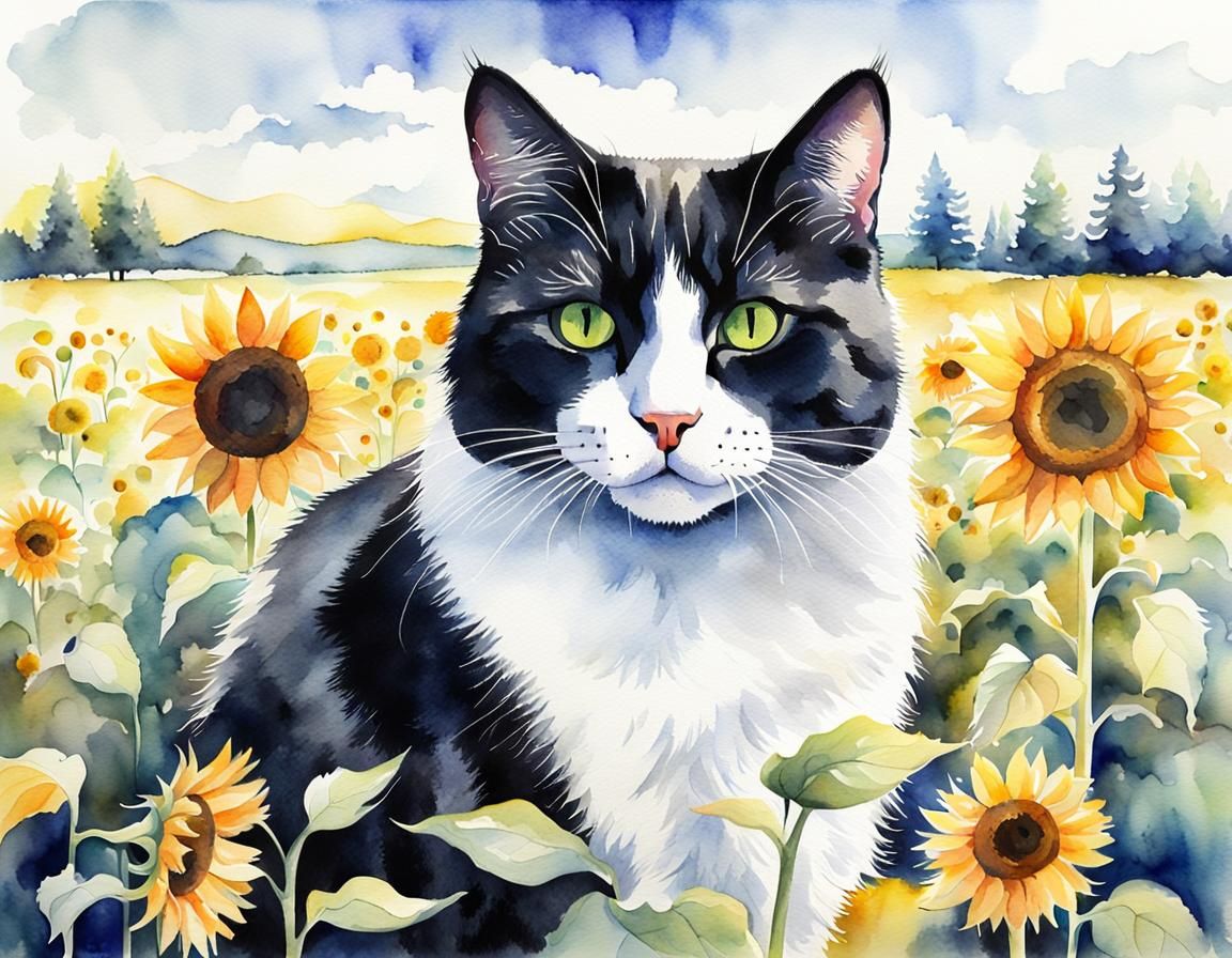 Watercolor Black and White Cat in Sunflower Field