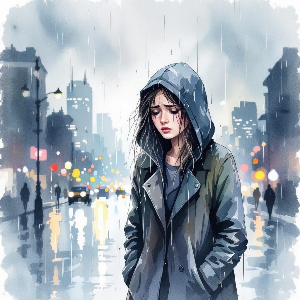 Miserable Woman in Rain, Cityscape in Watercolor Style