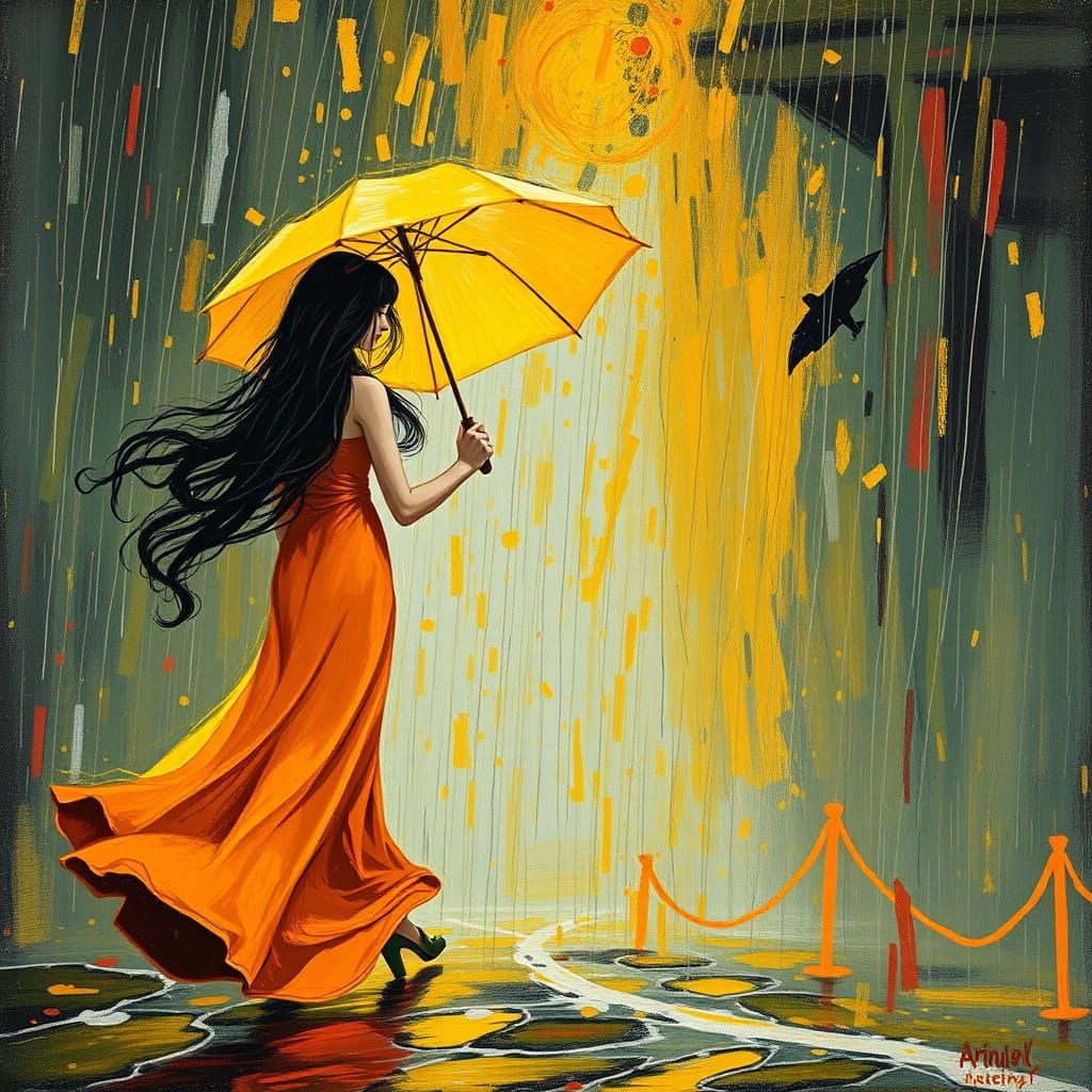 Woman in Surreal Rainstorm: Neo-Impressionist Painting