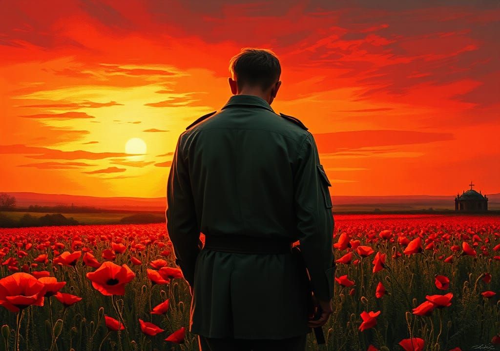 Grieving Soldier Contemplates Loss in Oil Painting