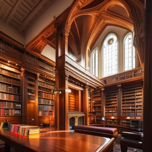 Beautiful Wood Library Filled with Books