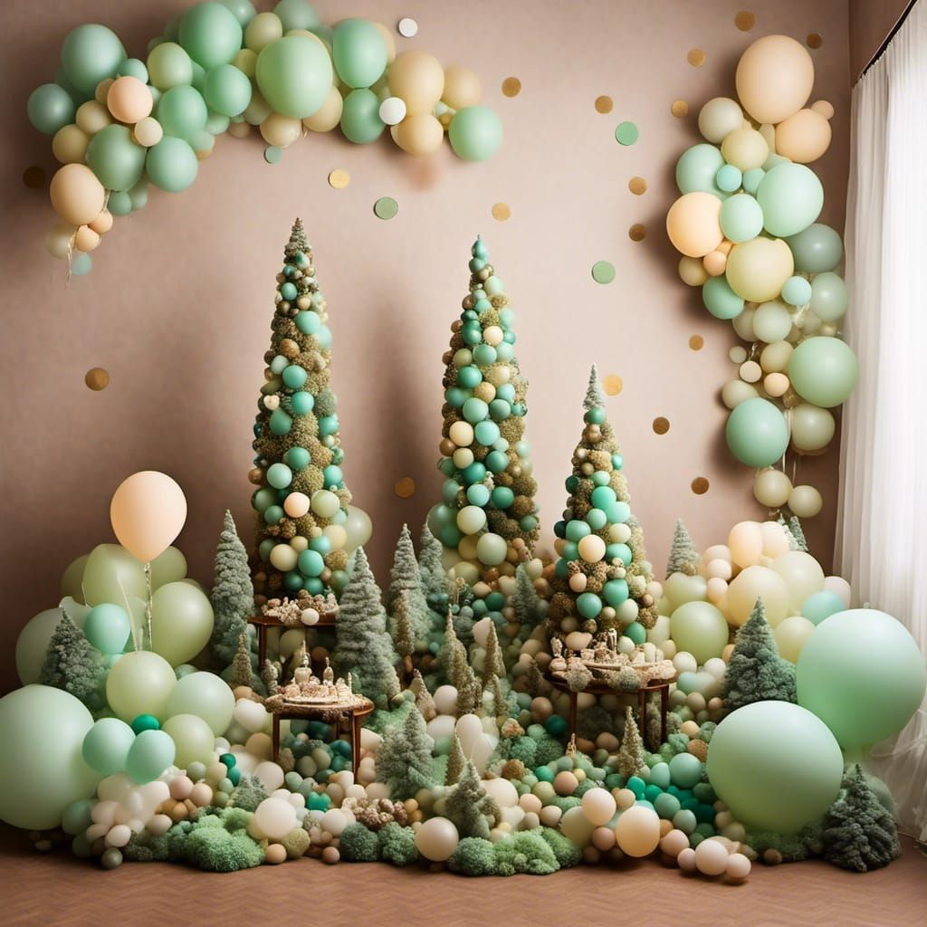 Watercolor Balloons and Miniature Trees in Brown and Green