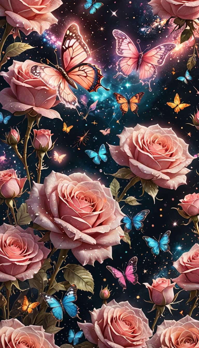 Cosmic Roses, Butterflies and Astral Lights in Mixed Media