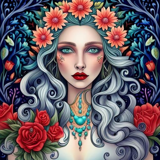 Ethereal Forest Lady with Silver Hair, Digital Art