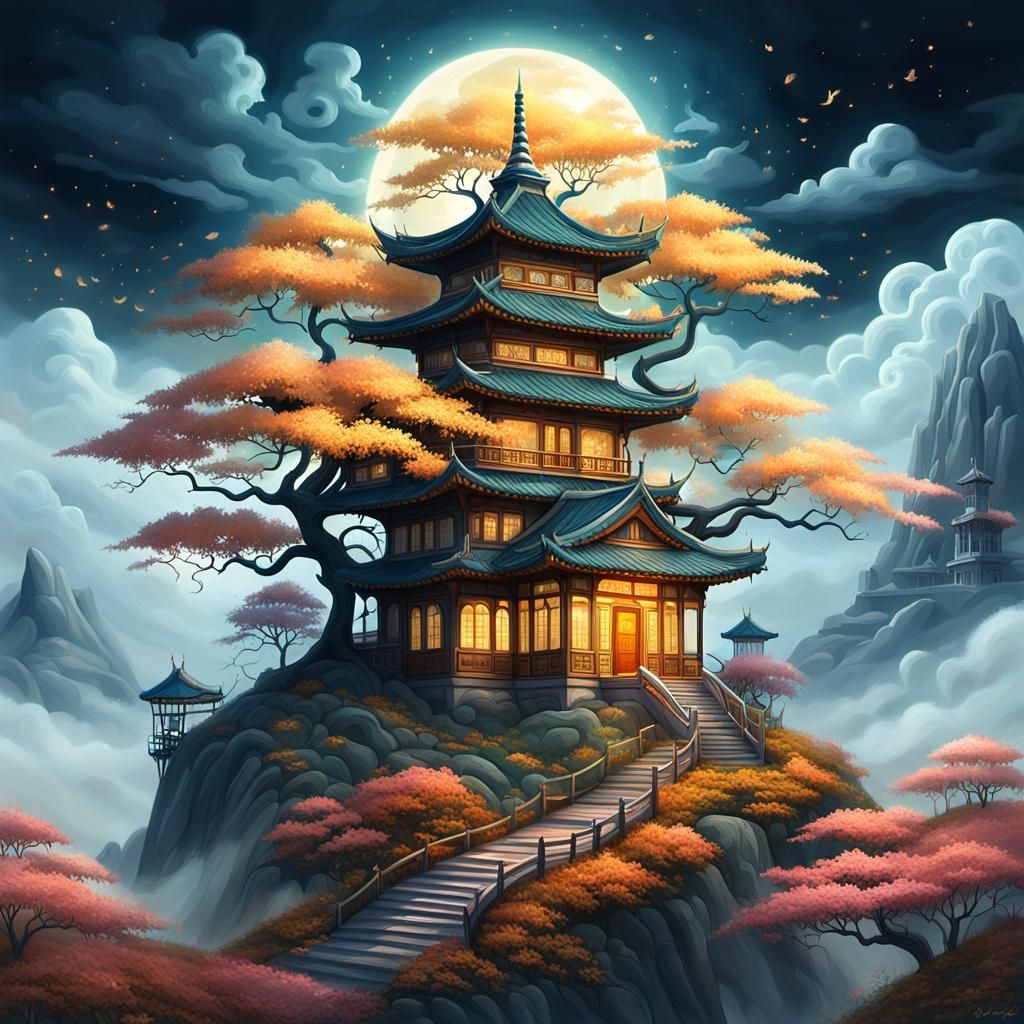 Mystical Pagoda in Surreal Fantasy Landscape