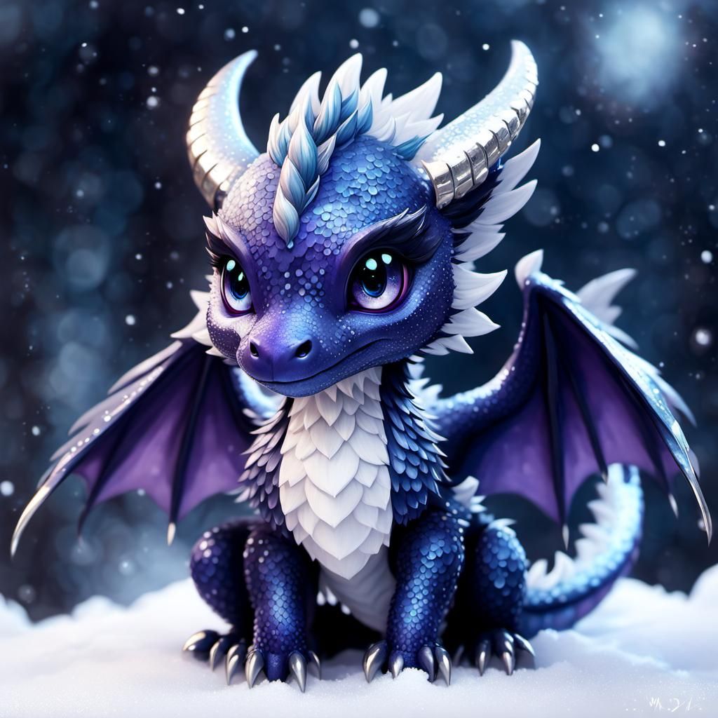 Cute Baby Dragon Playing in Snow