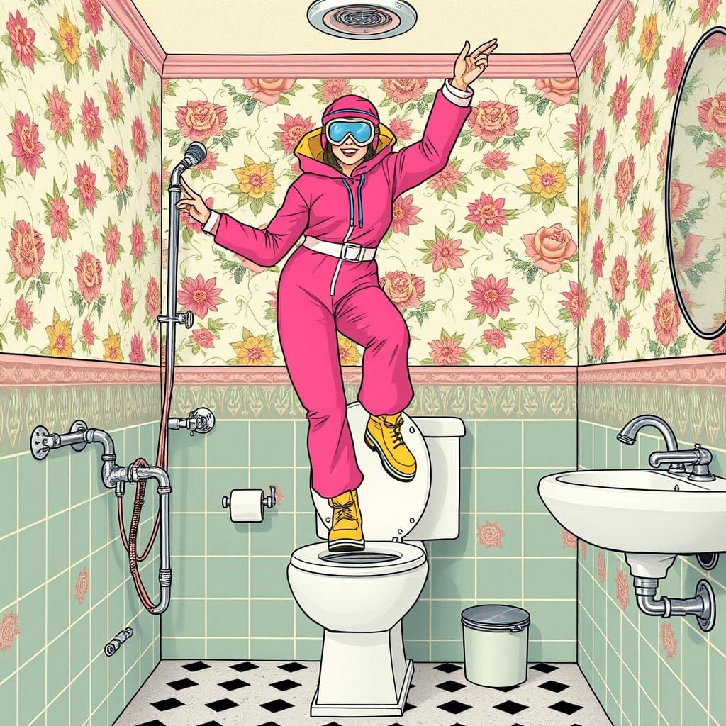 Vibrant Retro Futurist Woman Dancing on Toilet