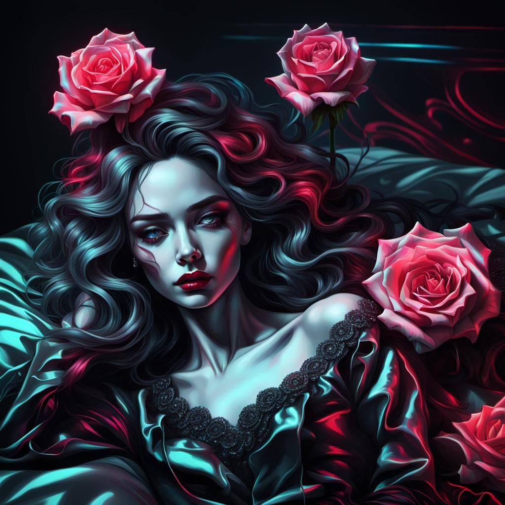 Mysterious Woman with Rose in Glitch Style