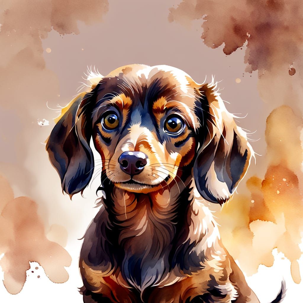 Whimsical Watercolor Portrait of a Chocolate Dachshund