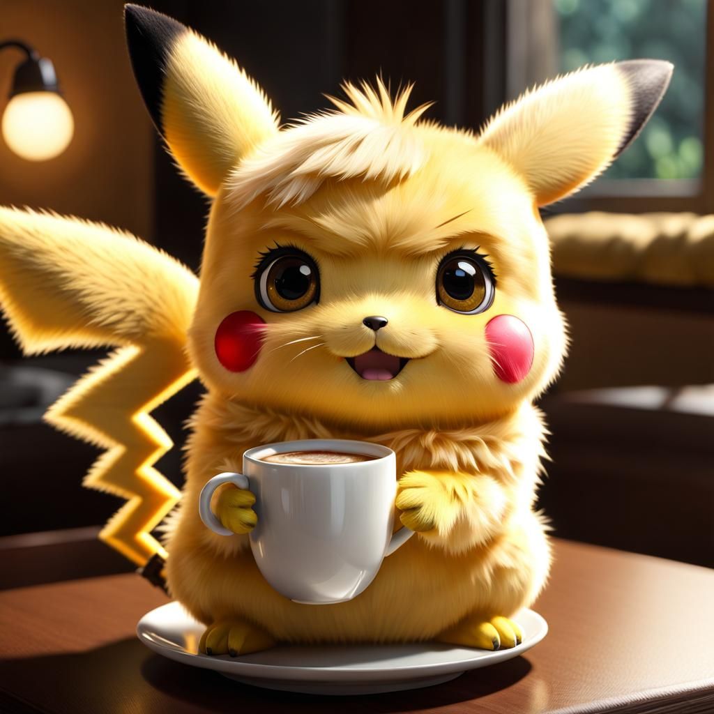 Adorable Fluffy Pikachu with Coffee, Chibi Style