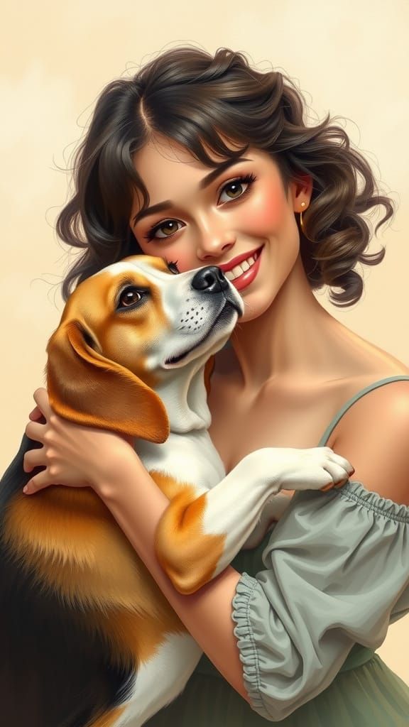 Young Woman and Beagle in Tender Embrace