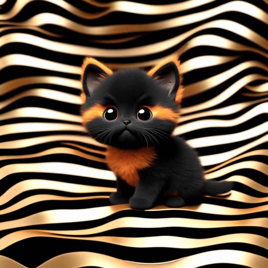 3D cartoon animated Cute fluffy orange, brown, and black striped kitten on a sparkling black pillow. 8K resolution <lora...