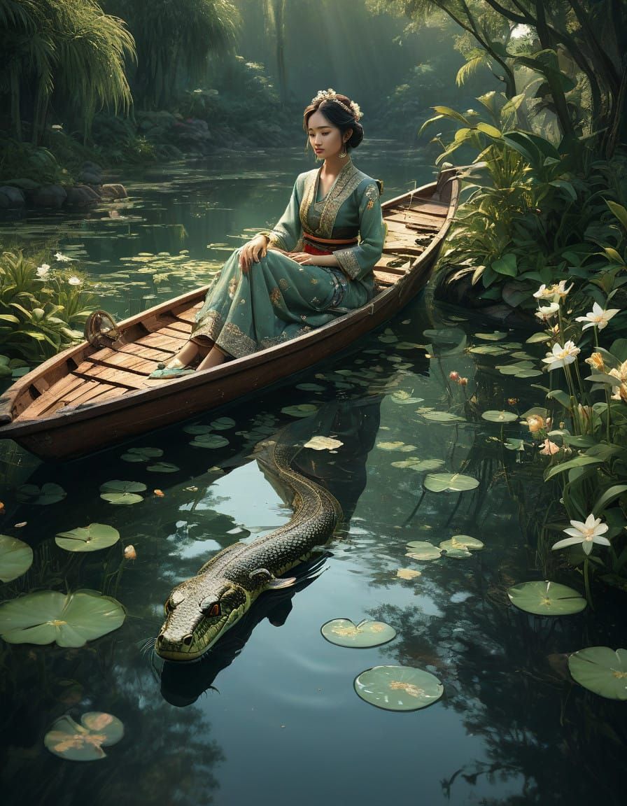 Serene Woman in Traditional Attire, Surrounded by Lush Green...