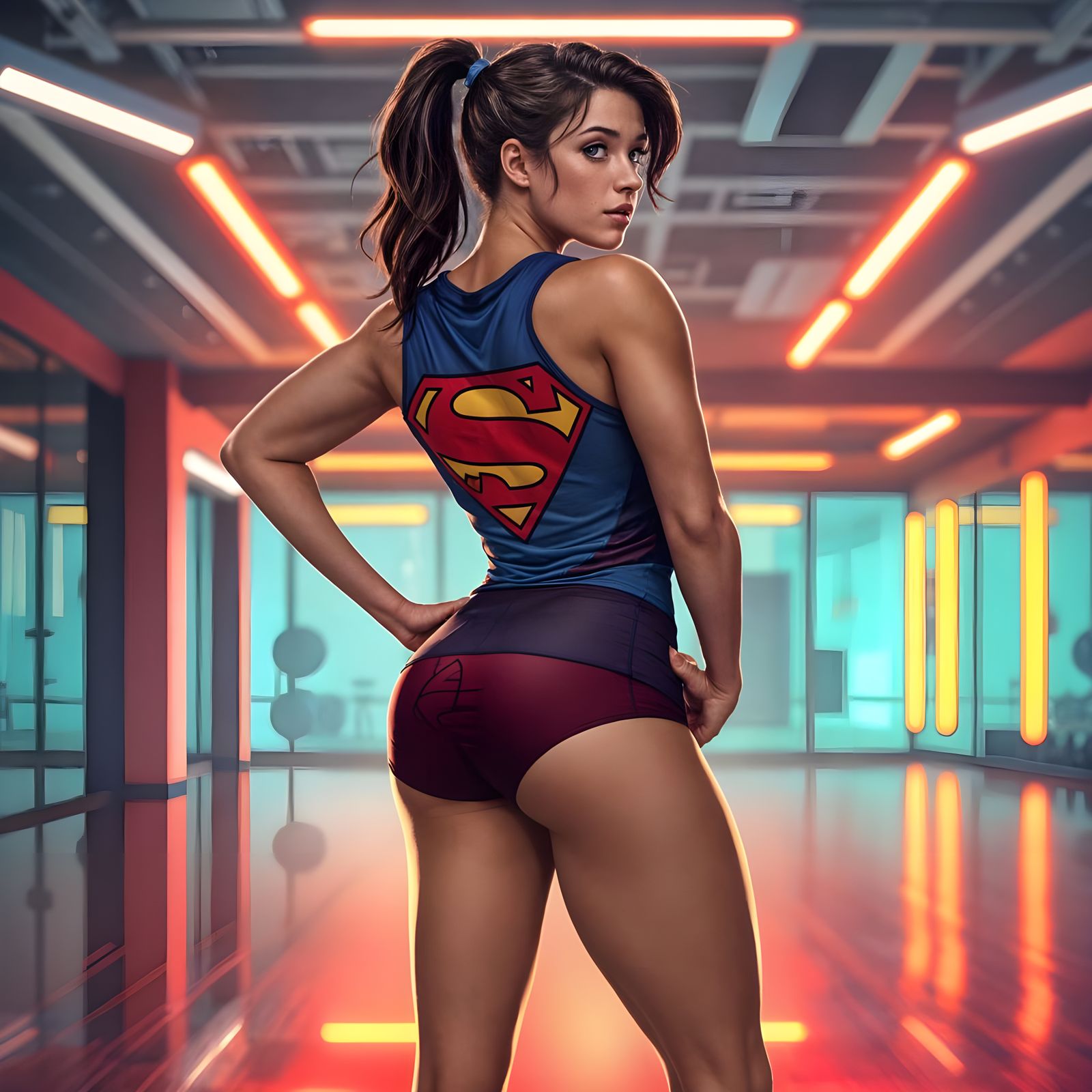 Fit Woman Wears Superman Logo in Gym Workout