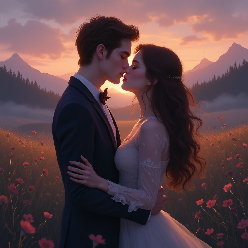 Romantic Embrace in Twilight Meadow: Dreamy Pastel Art
