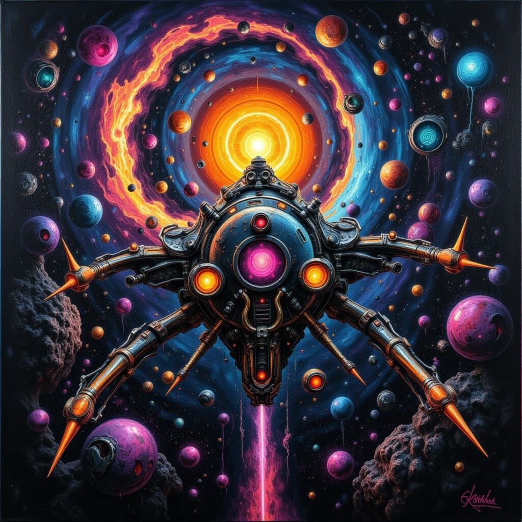 Alien Spaceship Navigates Wormhole in Impasto Style