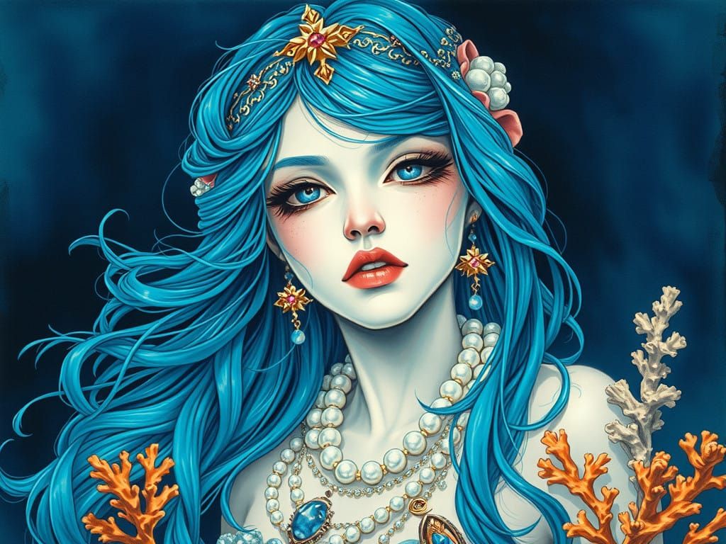 Turquoise Mermaid in Charcoal Drawing Style