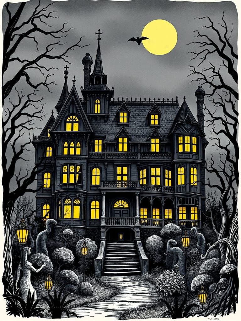Whimsical Gothic Mansion Murder Mystery Poster in Ink Drawin...