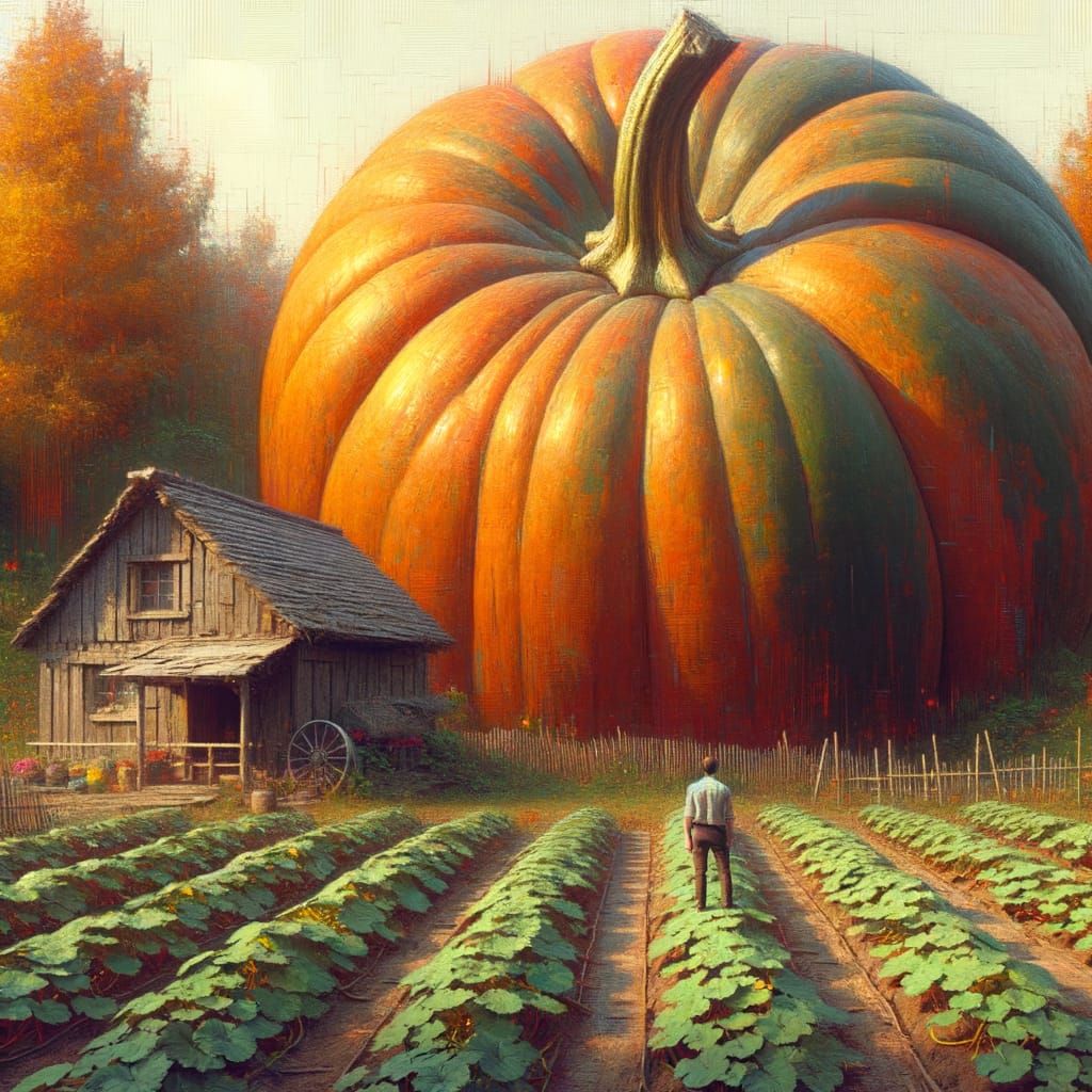 Giant Pumpkin Eclipses Horizon Over Gardener in Matte Painti...
