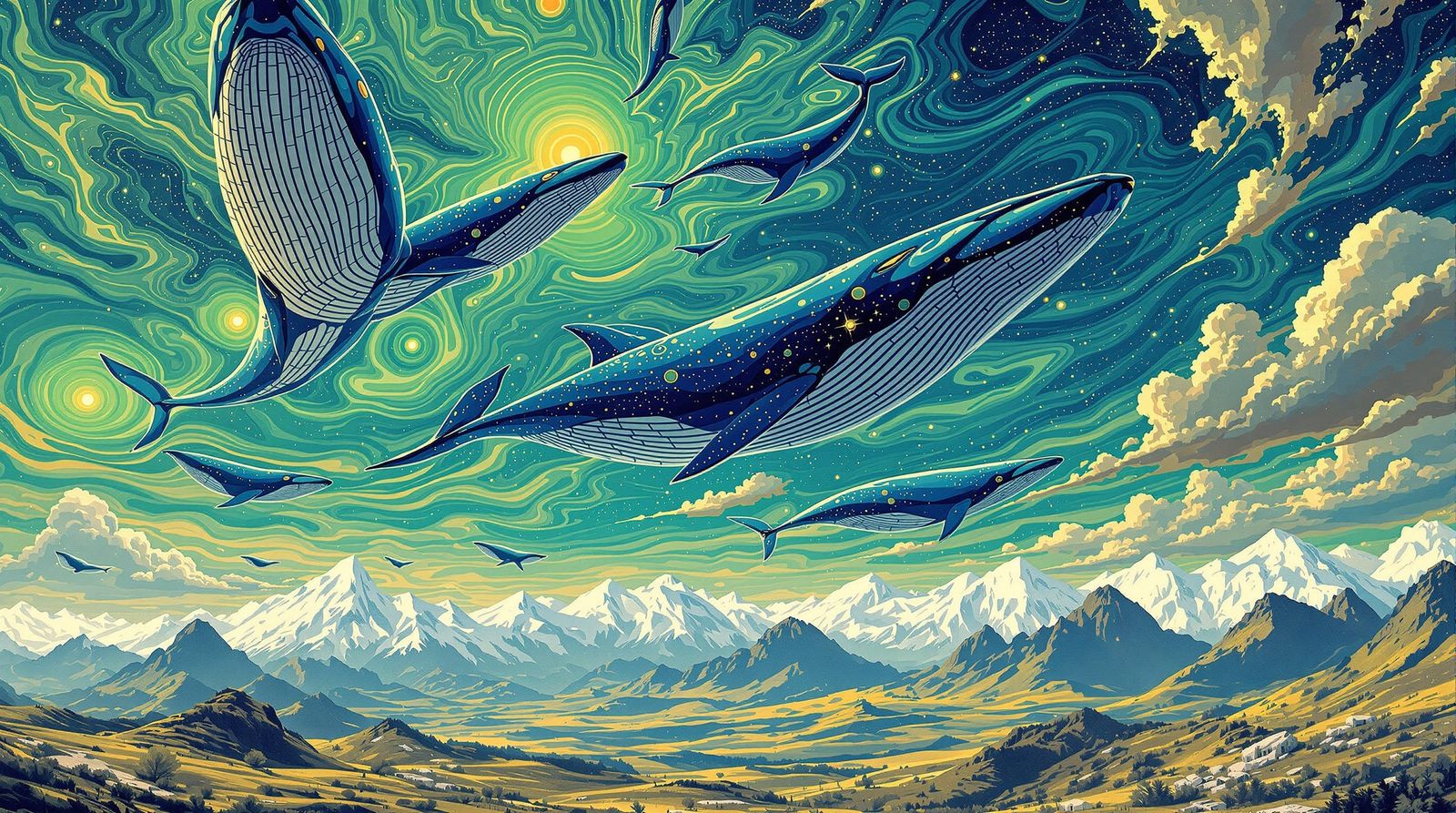 Sky-Whales Migration in Klimt-Inspired Sci-Fi Art