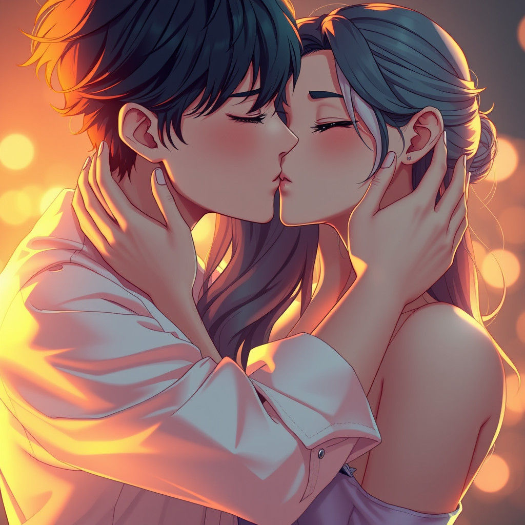Romantic Kiss in Anime Style with Golden Light