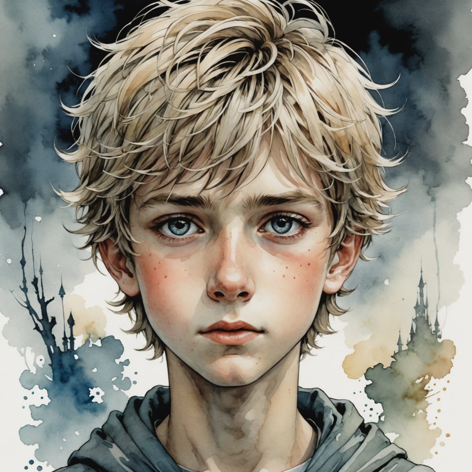 Watercolor Blond Boy Portrait in Anime Style