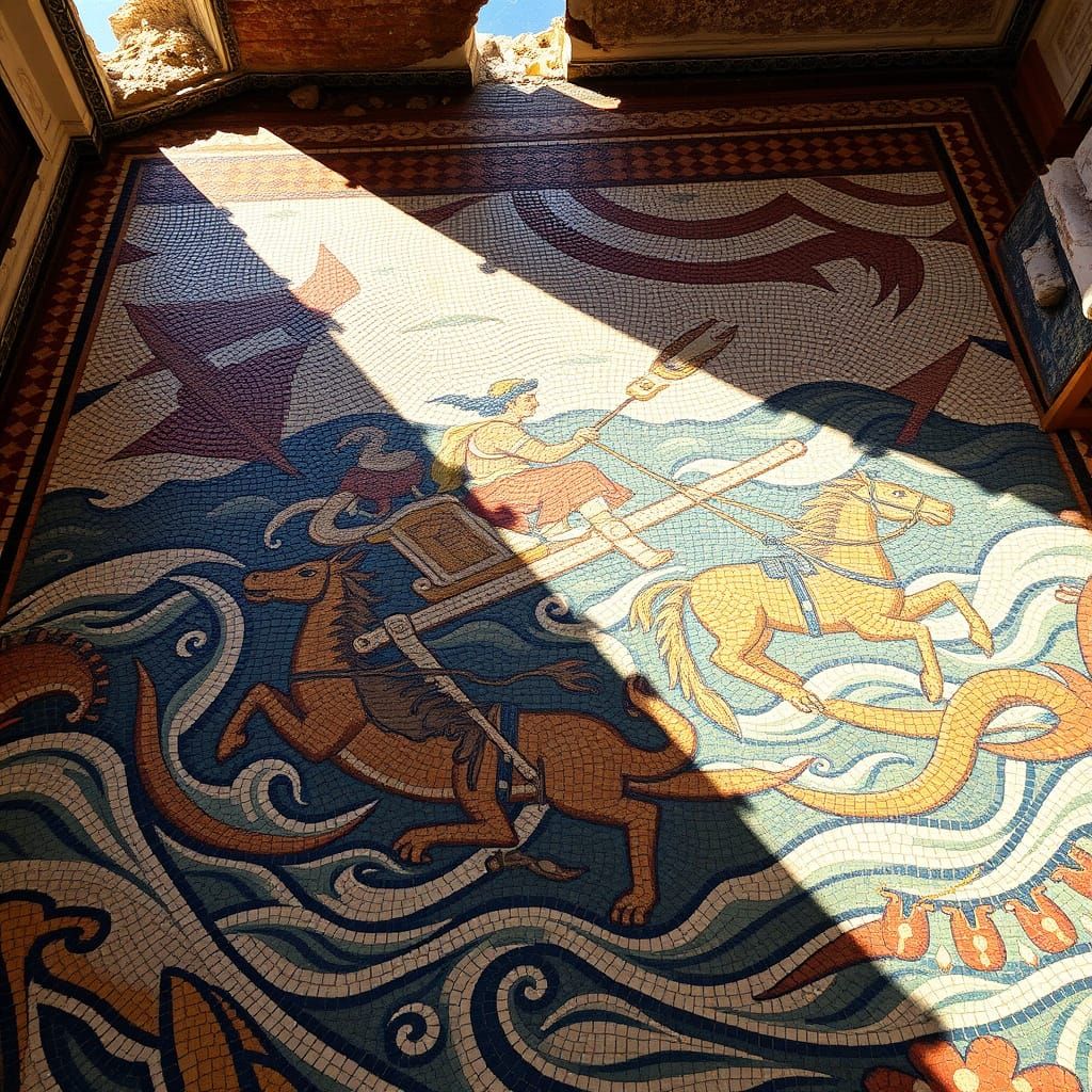 Roman Mosaic: Neptune's Sea Battle in Earth Tones