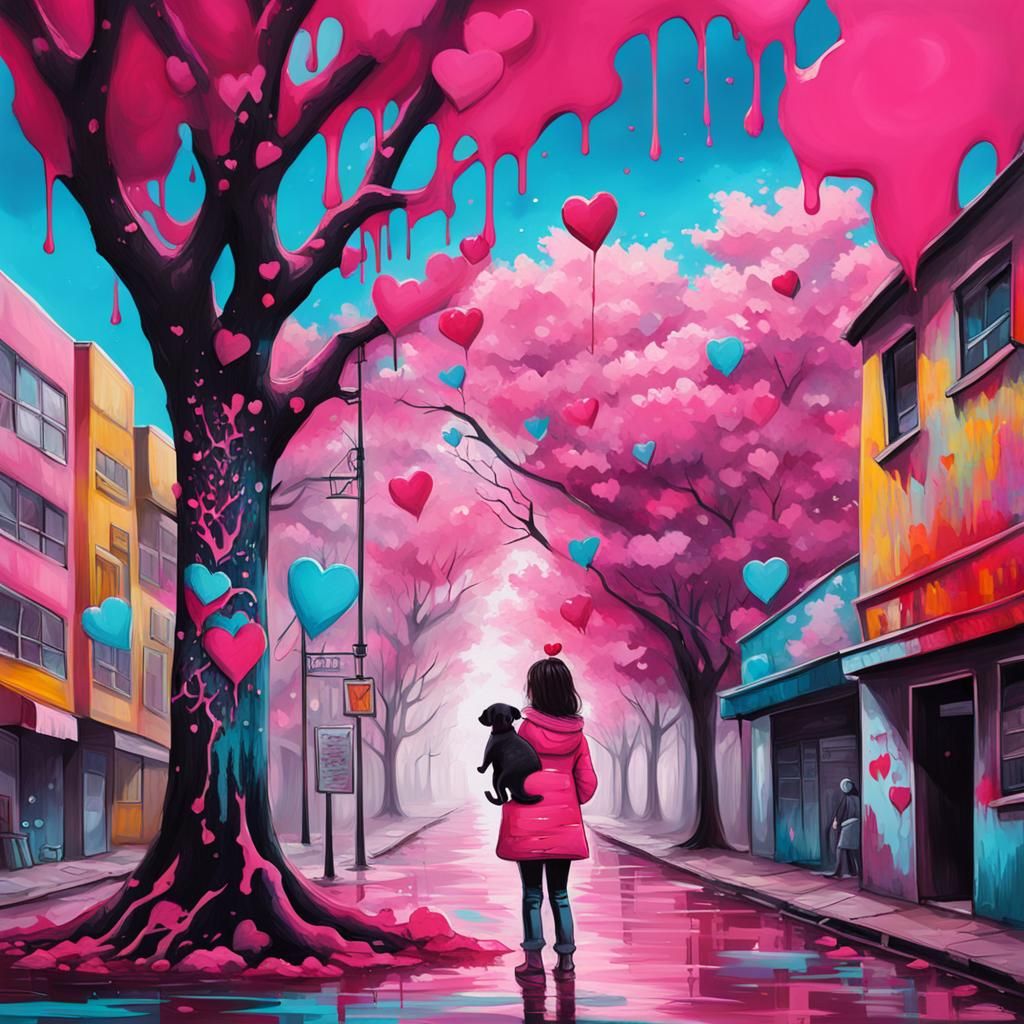 Valentine's Tree with Girl and Puppy in Splash Art