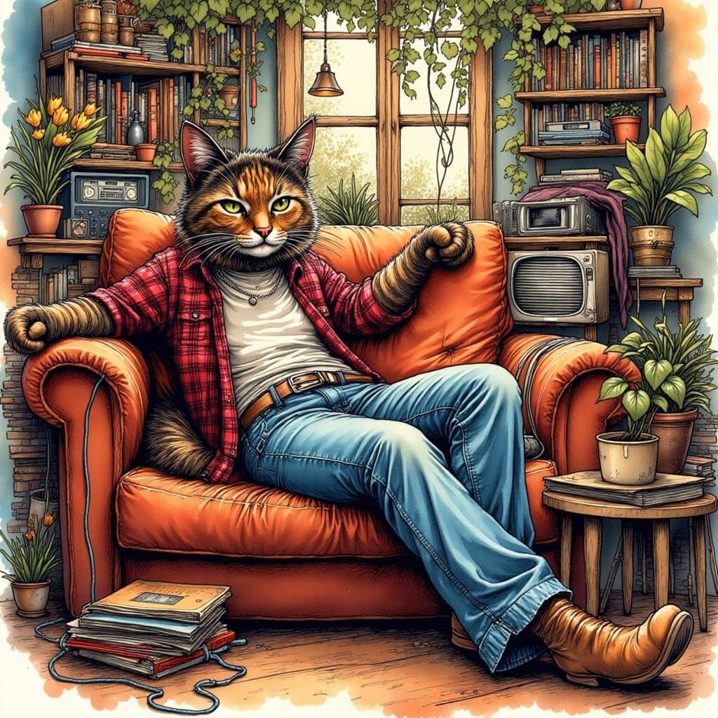 Tortoiseshell Cat in Flannel Shirt, Detailed Ink Art