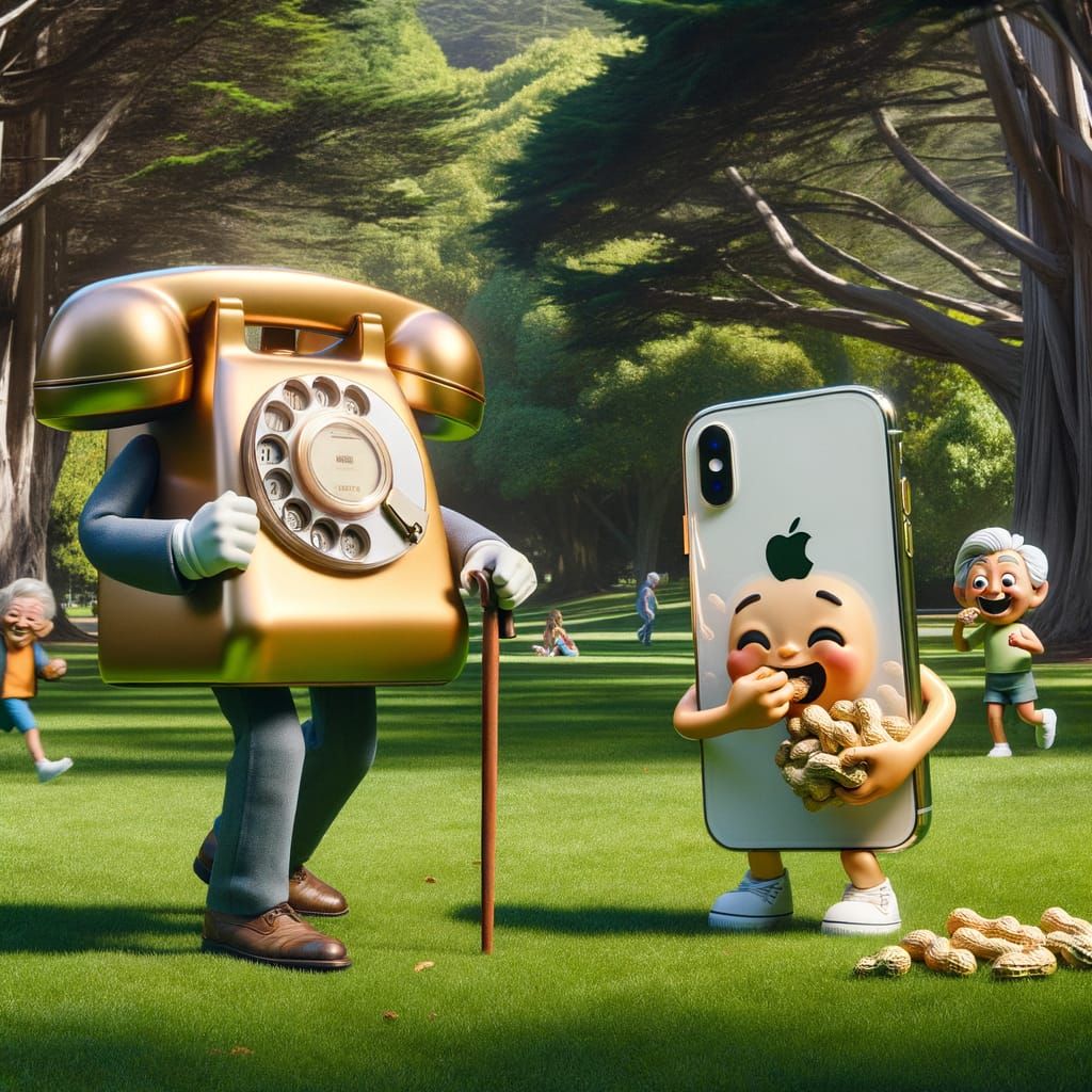 Vintage Phone Man & iPhone Child in Lively Park