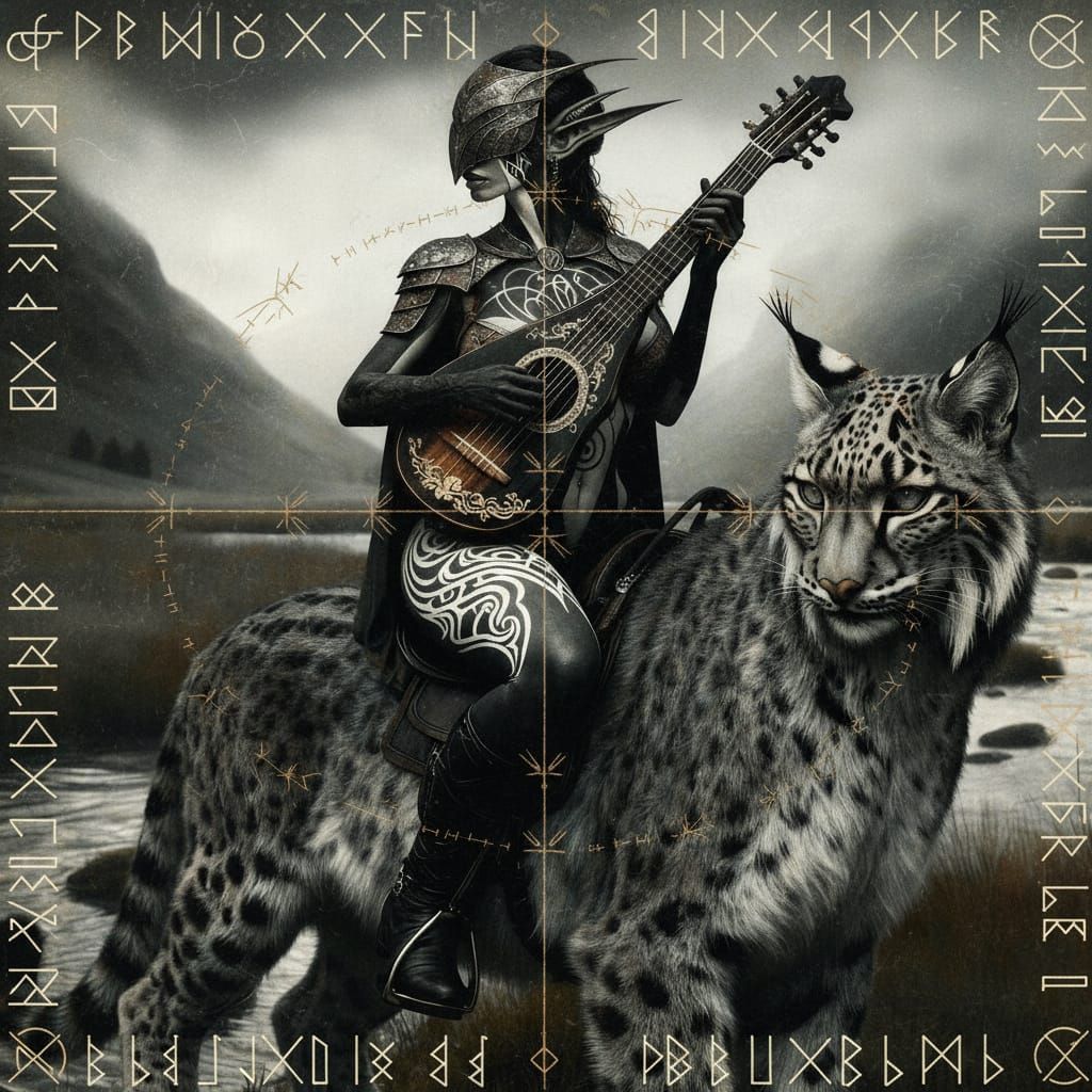 Svartelfar Rider on Taiga Lynx in Moonlit Forest