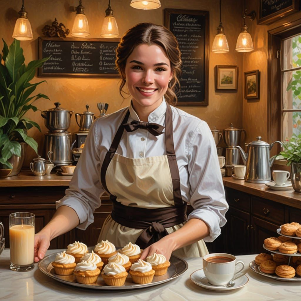 Pitbull Waitress in Whimsical Bistro Scene