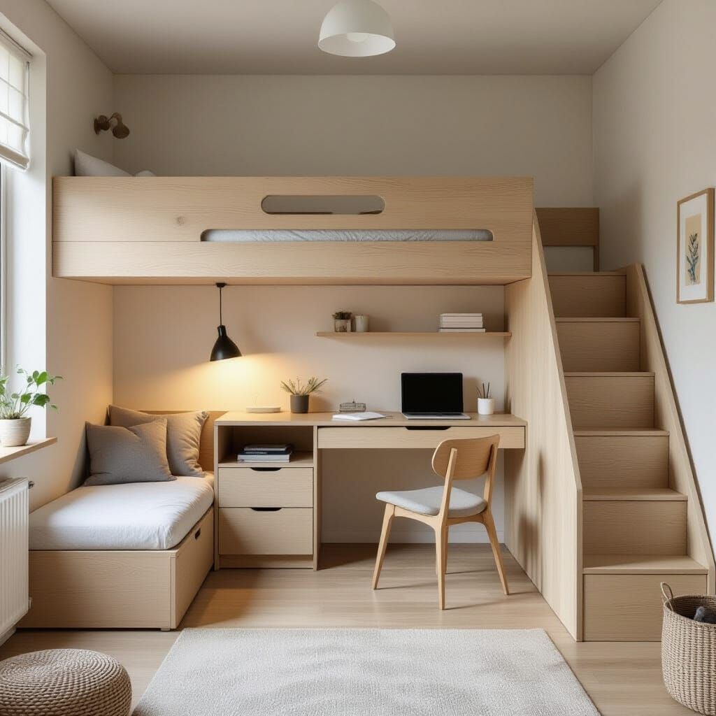 Minimalist Loft Bed with Integrated Desk and Staircase