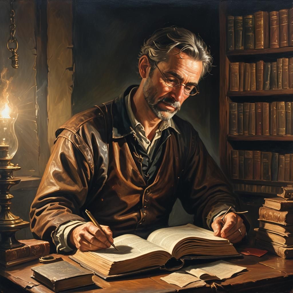 Man Studying Ancient Book in Oil Painting Style