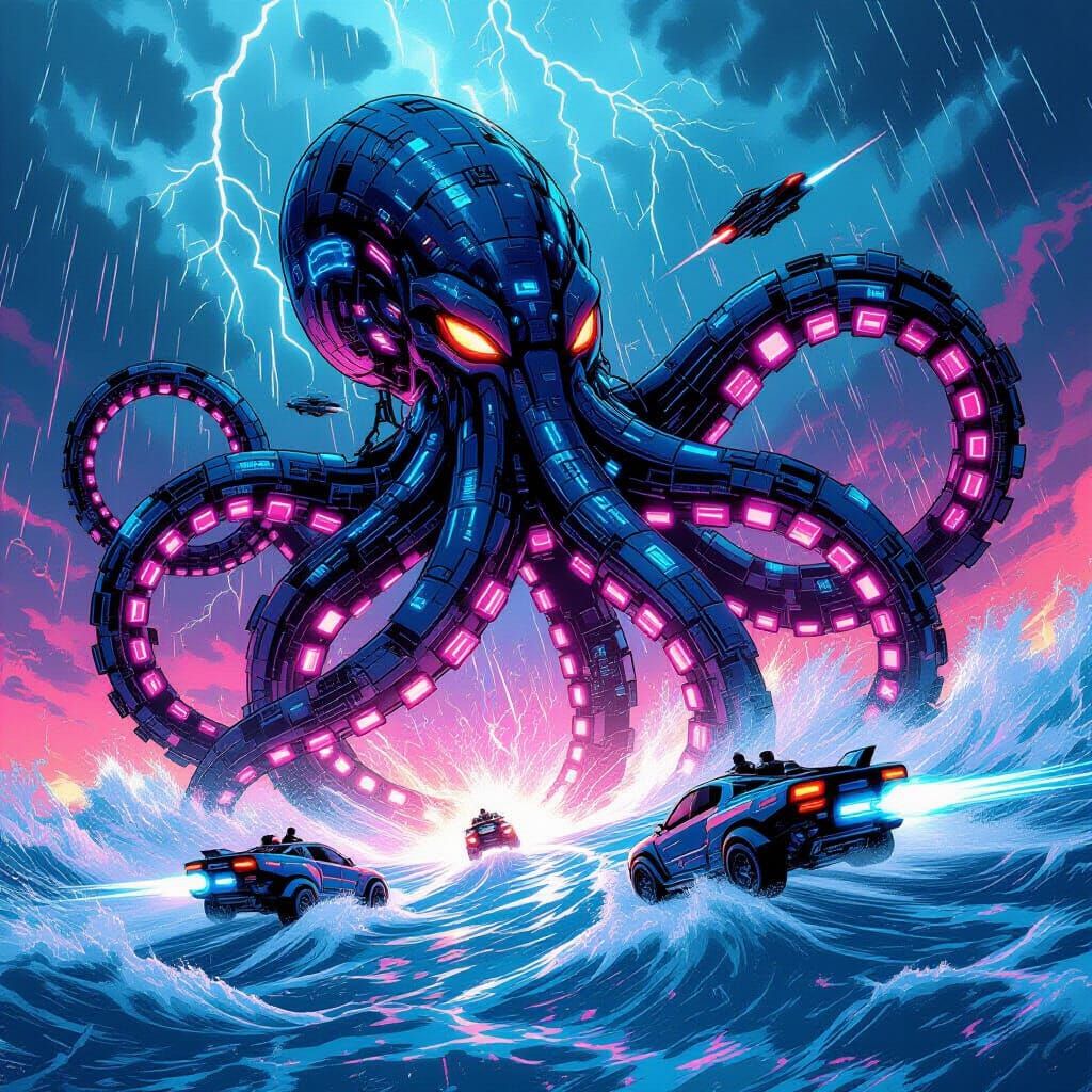 Cyberpunk Kraken Emerges from Neon Ocean