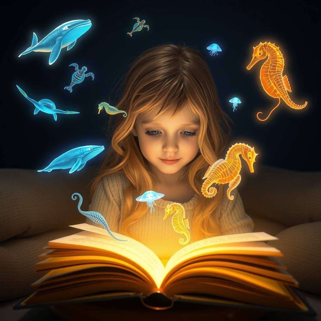 Girl Reading Magical Book of Underwater Creatures
