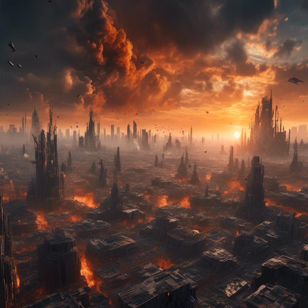 Fiery Ruins: Alien Spacecraft over Destroyed Metropolis