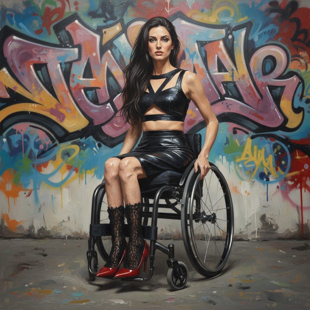 Paraplegic Woman in Stylish Outfit, Graffiti Background