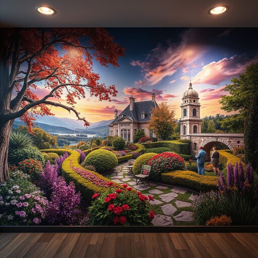 Surreal Garden Illusion in Trompe L'oeil Style