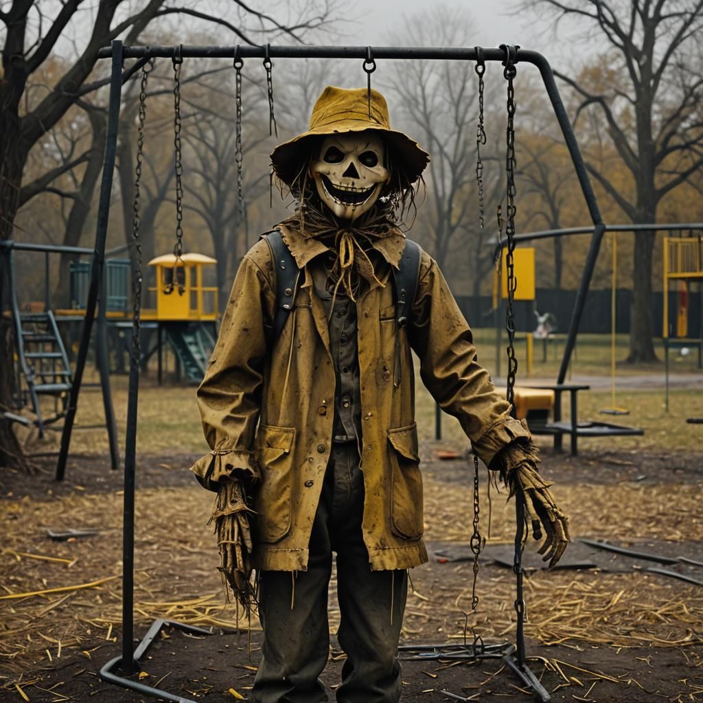 Eerie Scarecrow on Playground in Surreal Dark Fantasy