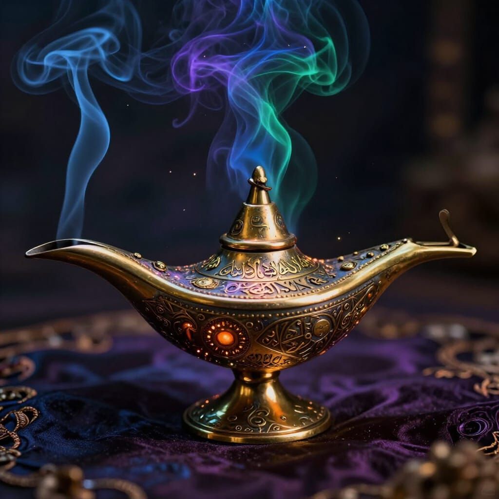 Ancient Genie Lamp with Ethereal Smoke