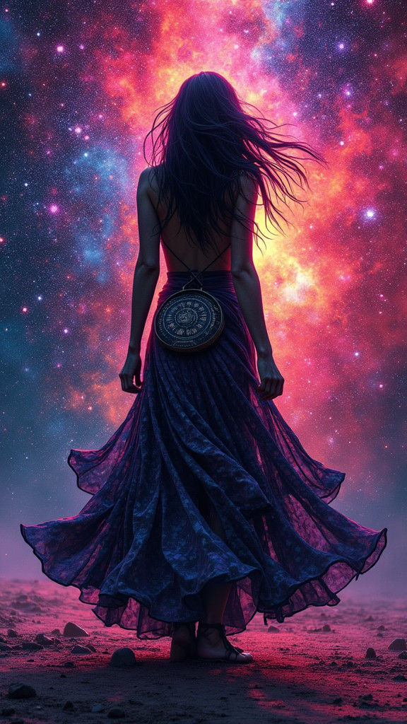 Woman in Flowing Clothes Before Neon Galaxy