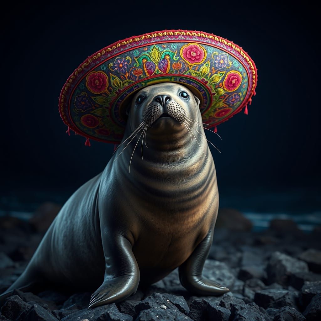 Seal with Sombrero on Rocky Shore
